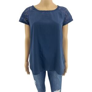 Old Navy (M) Navy Blue Lace Short Sleeve Satin Top Blouse